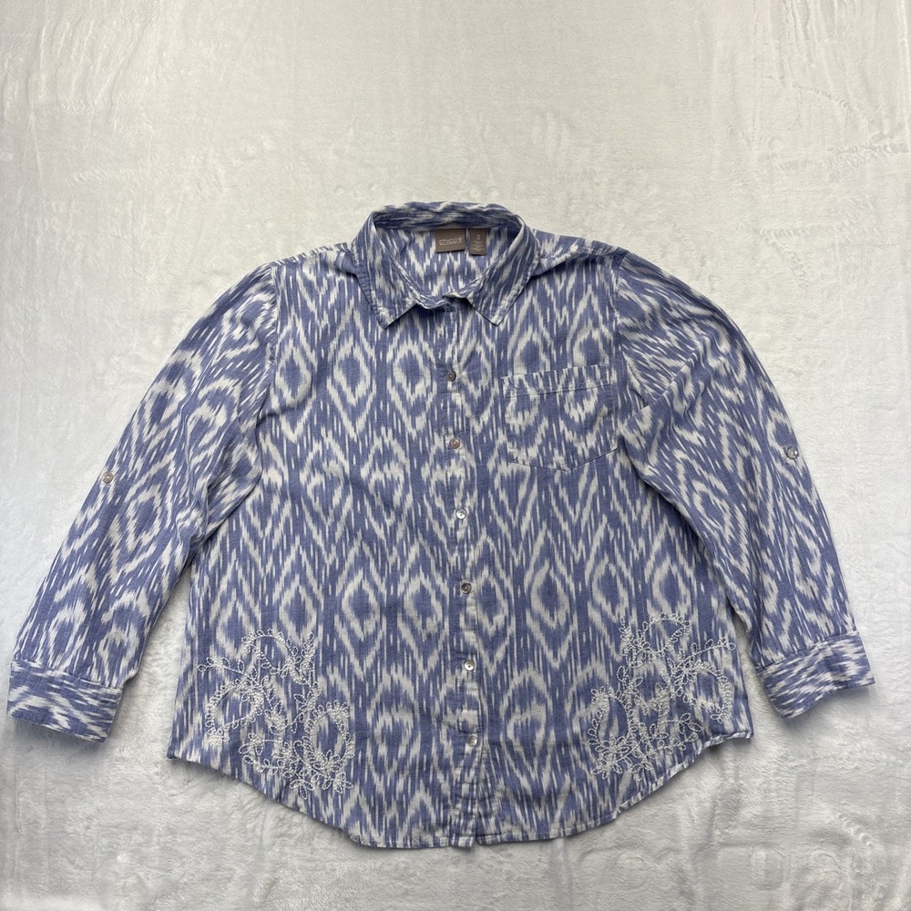 Chico's Size 3 Blue Ikat Cotton Shirt Floral Embroidery Boho Artisan Plus